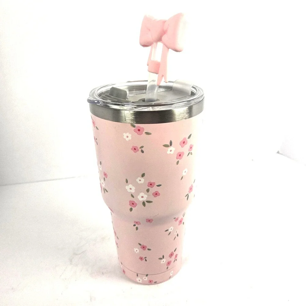 Umii Tumbler 30 oz Pink Floral Stainless Steel Bow Straw Handle Cup New